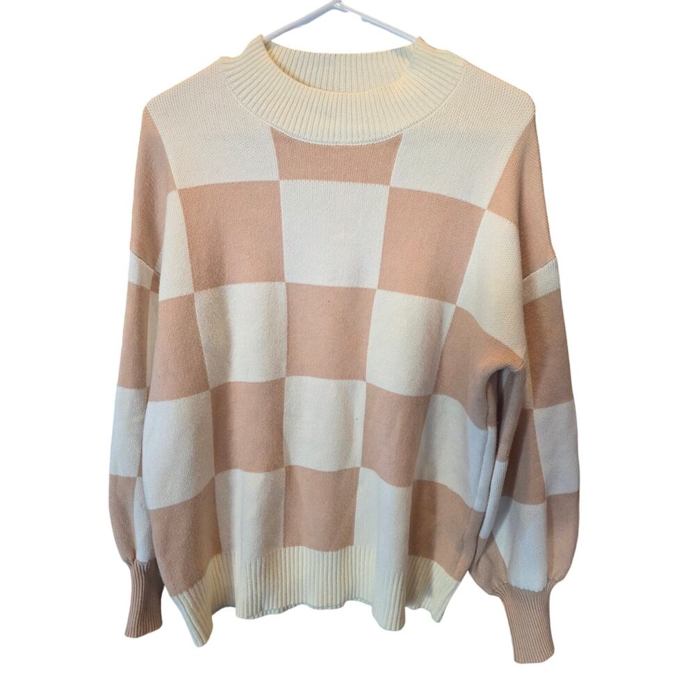 Zesica Color Block‎ Sweater L Womens White Tan Long Sleeve Mock Neck Art Deco